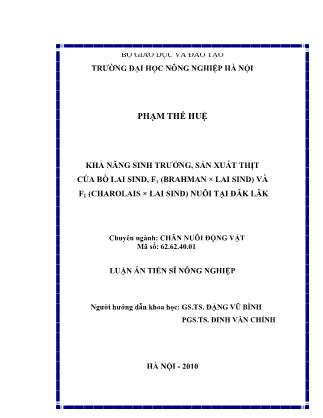 Khả năng sinh trưởng, sản xuất thịt của bò lai sind, f1 (brahman × lai sind) và f1 (charolais × lai sind) nuôi tại Đăk Lăk - Phạm Thế Hụê