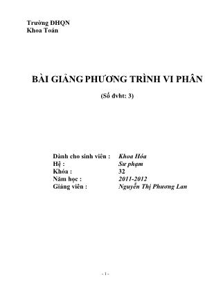 Bài giảng phương trình vi phân - Nguyễn Thị Phương Lan