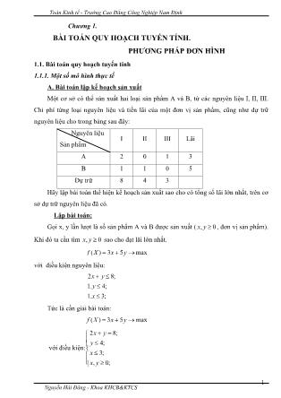 Bài giảng Toán kinh tế - Chương 1: Bài toán quy hoạch tuyến tính phương pháp đơn hình