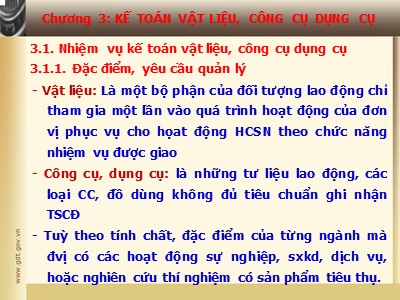 Bài giảng Kế toán hành chính sự nghiệp - Chương 3: Kế toán vật liệu, công cụ dụng cụ