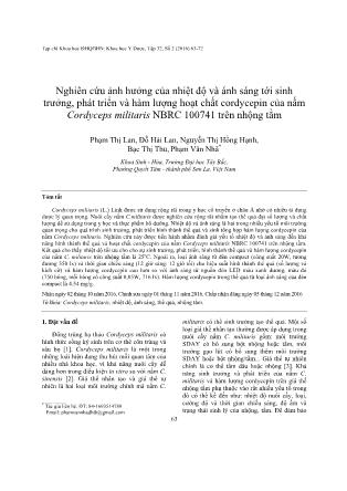 Giáo trình Nghiên cứu ảnh hưởng của nhiệt độ và ánh sáng tới sinh trưởng, phát triển và hàm lượng hoạt chất cordycepin của nấm Cordyceps militaris NBRC 100741 trên nhộng tằm