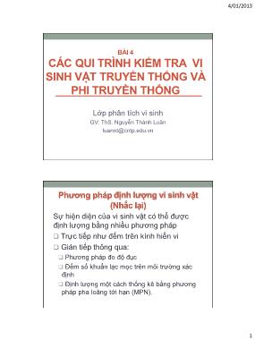 Giáo trình Phân tích vi sinh - Bài 4: Các quy trình kiểm tra vi sinh vật truyền thống và phi truyền thống - Nguyễn Thành Luân