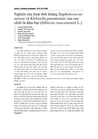 Giáo trình Nghiên cứu hoạt tính kháng Staphylococcus aureus và Klebsiella pneumoniae của cao chiết lá dâm bụt (Hibiscus rosa-Sinensis L.)