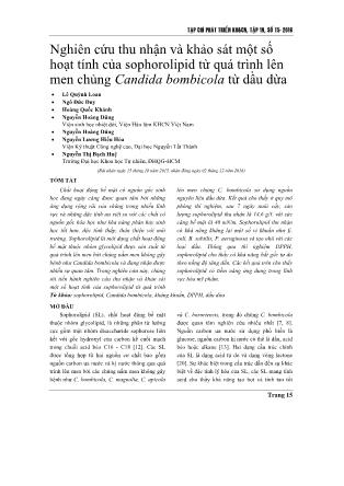 Giáo trình Nghiên cứu thu nhận và khảo sát một số hoạt tính của sophorolipid từ quá trình lên men chủng Candida bombicola từ dầu dừa