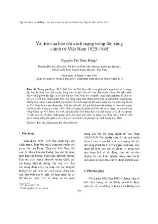 Giáo trình Vai trò của báo chí cách mạng trong đời sống chính trị Việt Nam 1925-1945 - Nguyễn Thị Thúy Hằng