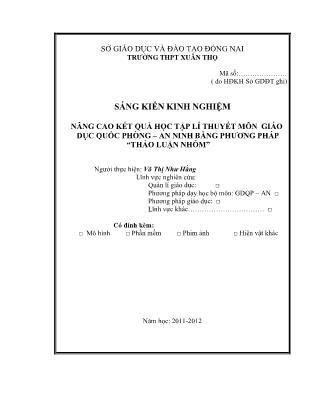 Sáng kiến kinh nghiệm: Nâng cao kết quả học tập lí thuyết môn giáo dục quốc phòng-An ninh bằng phương pháp thảo luận nhóm”