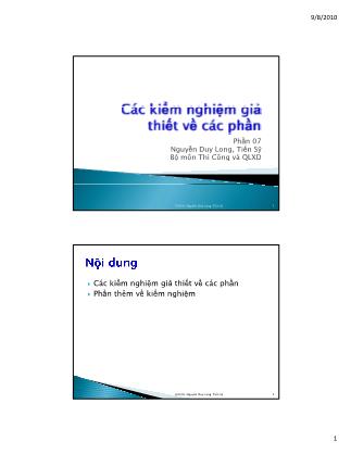 Bài giảng Thống kê học ứng dụng trong quản lý xây dựng - Phần 7: Các kiểm nghiệm giả thiết về các phần - Nguyễn Duy Long