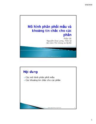 Bài giảng Thống kê học ứng dụng trong quản lý xây dựng - Phần 6: Mô hình phân phối mẫu và khoảng tin chắc cho các phần - Nguyễn Duy Long