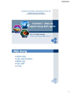 Giáo trình Hệ quản trị cơ sở dữ liệu SQL server - Chương 7: Hàm do người dùng định nghĩa - Lê Thị Minh Nguyện
