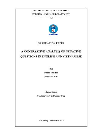 Khóa luận A contrastive analysis of negative questions in English and Vietnamese - Phạm Thu Hà