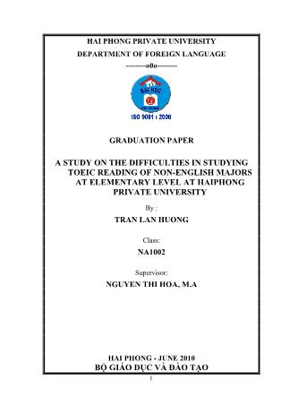 Khóa luận A study on the difficulties in studying toeic reading of non-English majors at elementary level at haiphong private university