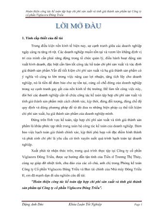 Khóa luận Hoàn thiện công tác kế toán tập hợp chi phí sản xuất và tính giá thành sản phẩm tại Công ty cổ phần Viglacera Đông Triều