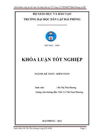 Khóa luận Hoàn thiện công tác kế toán vốn bằng tiền tại CN Công ty CP KD&PT Bình Dương tại HP - Hà Thị Thu Hương