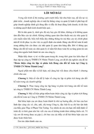 Khóa luận Hoàn thiện công tác lập và phân tích Bảng cân đối kế toán tại Công ty TNHH CN Nhôm Thành Long