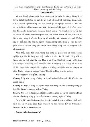 Khóa luận Hoàn thiện công tác lập và phân tích Bảng cân đối kế toán tại Công ty Cổ phần đầu tƣ và thƣơng mại An Thắng - Đoàn Thị Thư