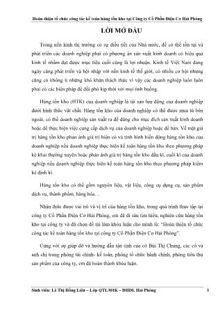 Khóa luận Hoàn thiện tổ chức công tác kế toán hàng tồn kho tại Công ty Cổ Phần Điện Cơ Hải Phòng - Lê Thị Hồng Liên
