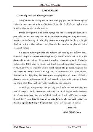 Khóa luận Hoàn thiện tổ chức kế toán tập hợp chi phí sản xuất và tính giá thành sản phẩm tại Công ty Cổ phần Đại Tín - Đinh Thị Hà Oanh