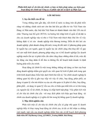 Khóa luận Phân tích một số chỉ tiêu tài chính cơ bản và biện pháp nâng cao hiệu quả hoạt động tài chính tại Công ty cổ phần vận tải và dịch vụ Điện Lực - Đỗ Thị Hương Giang