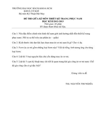 Đề thi giữa kì môn Thiết kế trang phục nam - Học kì II - Năm học 2012-2013