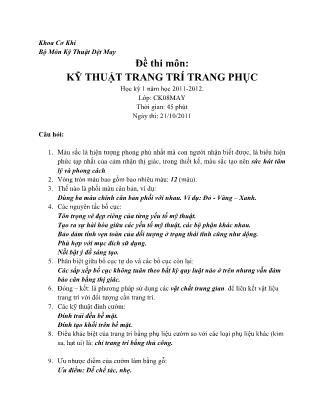 Đề thi Kỹ thuật trang trí trang phục - Học kì I - Năm học 2011-2012