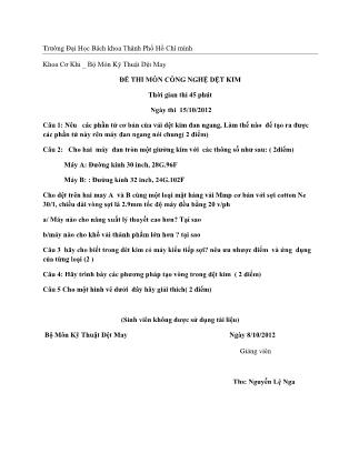Đề thi môn Công nghệ dệt kim