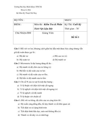 Đề thi môn Kiểm tra và Phân tích vật liệu dệt may