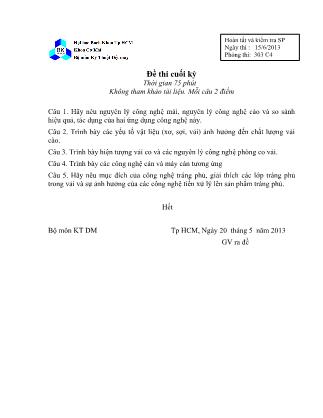 Đề thi môn Kỹ thuật dệt may