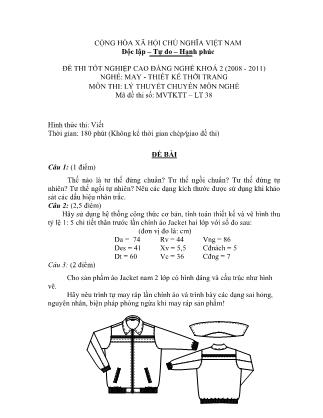 Đề thi môn Lý thuyết chuyên môn nghề May-Thiết kế thời trang - Đề số 38