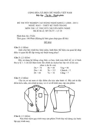 Đề thi môn Lý thuyết chuyên môn nghề May-Thiết kế thời trang - Đề số 26