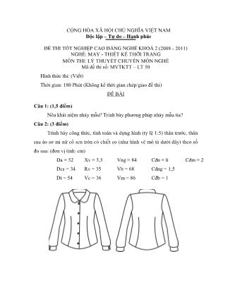 Đề thi môn Lý thuyết chuyên môn nghề May-Thiết kế thời trang - Đề số 50