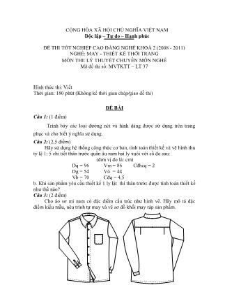 Đề thi môn Lý thuyết chuyên môn nghề May-Thiết kế thời trang - Đề số 37