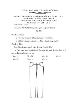 Đề thi môn Lý thuyết chuyên môn nghề May-Thiết kế thời trang - Đề số 13