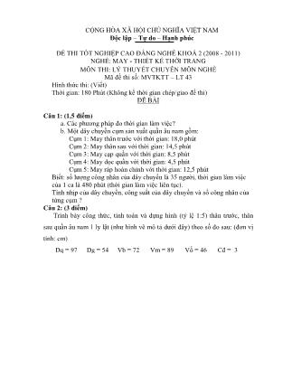 Đề thi môn Lý thuyết chuyên môn nghề May-Thiết kế thời trang - Đề số 43