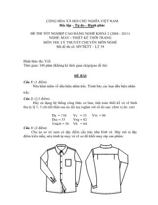 Đề thi môn Lý thuyết chuyên môn nghề May-Thiết kế thời trang - Đề số 34
