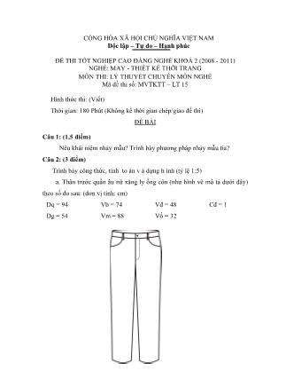 Đề thi môn Lý thuyết chuyên môn nghề May-Thiết kế thời trang - Đề số 15