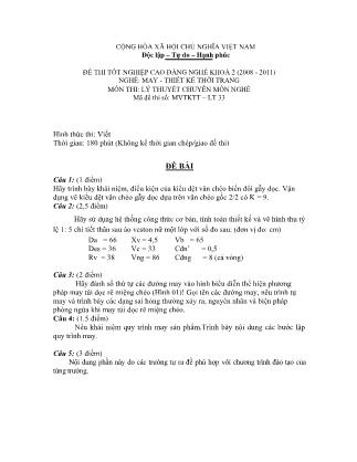 Đề thi môn Lý thuyết chuyên môn nghề May-Thiết kế thời trang - Đề số 33