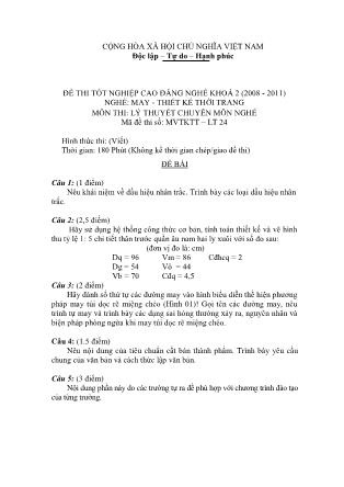 Đề thi môn Lý thuyết chuyên môn nghề May-Thiết kế thời trang - Đề số 24