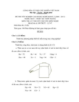 Đề thi môn Lý thuyết chuyên môn nghề May-Thiết kế thời trang - Đề số 47