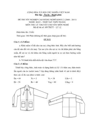 Đề thi môn Lý thuyết chuyên môn nghề May-Thiết kế thời trang - Đề số 12
