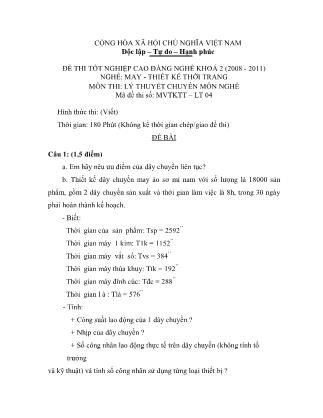 Đề thi môn Lý thuyết chuyên môn nghề May-Thiết kế thời trang - Đề số 4