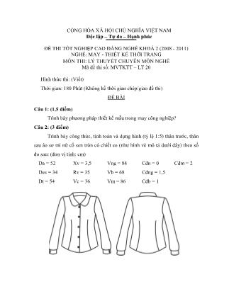 Đề thi môn Lý thuyết chuyên môn nghề May-Thiết kế thời trang - Đề số 20