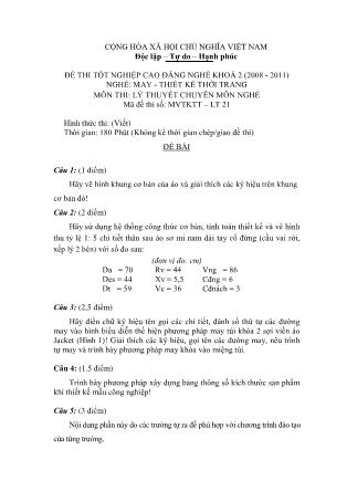 Đề thi môn Lý thuyết chuyên môn nghề May-Thiết kế thời trang - Đề số 21