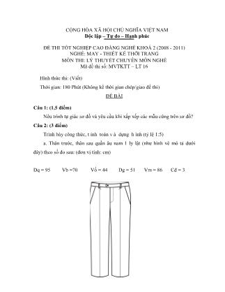 Đề thi môn Lý thuyết chuyên môn nghề May-Thiết kế thời trang - Đề số 16