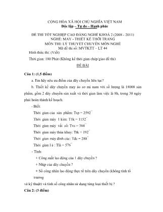 Đề thi môn Lý thuyết chuyên môn nghề May-Thiết kế thời trang - Đề số 44