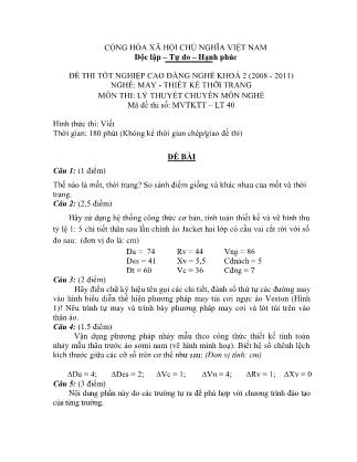 Đề thi môn Lý thuyết chuyên môn nghề May-Thiết kế thời trang - Đề số 40