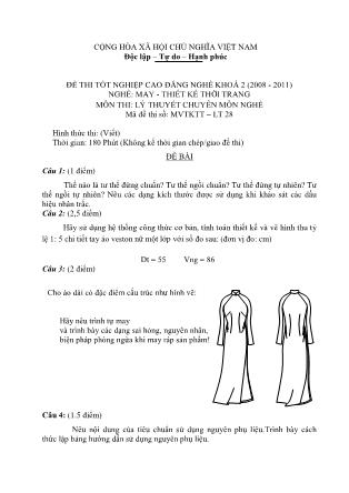 Đề thi môn Lý thuyết chuyên môn nghề May-Thiết kế thời trang - Đề số 28