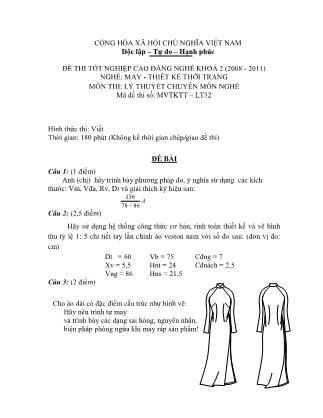 Đề thi môn Lý thuyết chuyên môn nghề May-Thiết kế thời trang - Đề số 32