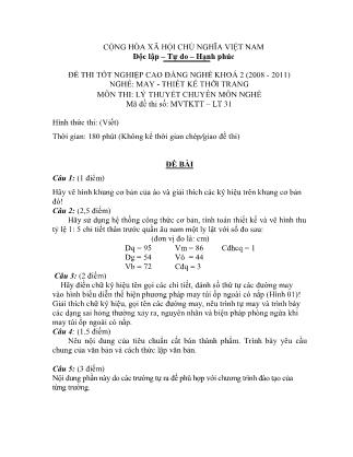 Đề thi môn Lý thuyết chuyên môn nghề May-Thiết kế thời trang - Đề số 31