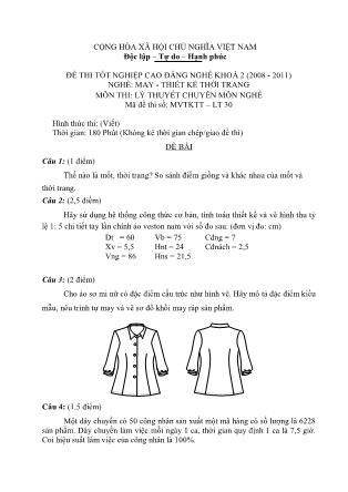Đề thi môn Lý thuyết chuyên môn nghề May-Thiết kế thời trang - Đề số 30