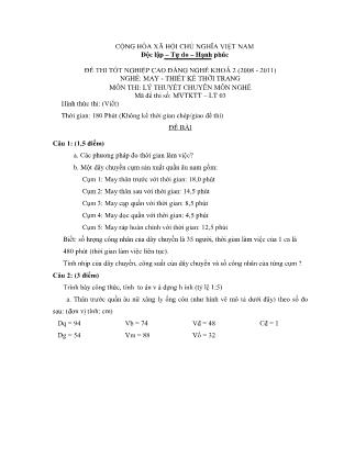 Đề thi môn Lý thuyết chuyên môn nghề May-Thiết kế thời trang - Đề số 3